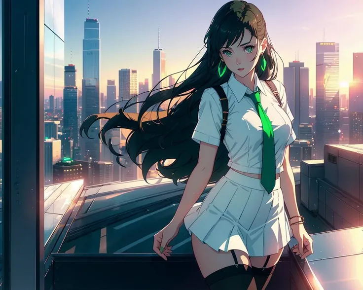 1girl, solo, beautiful girl, perfect face, perfect body, skinny tie,(green eyes), white short, skirt, tight stockings, ear rings, jewelry, on the roof of a skyscraper, sunset, soft light, 8k, hdr, octane render, masterpiece, best quality