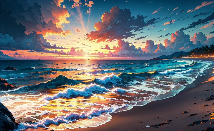 silhouette, sea, beach, sunrise, cyan and yellow theme, night, scenery, outdoors, cloud, sky, horizon, bird, ocean, wind, masterpiece,ultra realistic,32k,extremely detailed CG unity 8k wallpaper, best quality