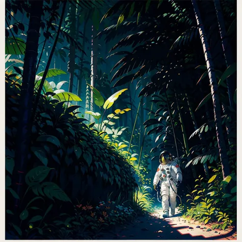 "Astronaut in a Jungle" by Syd Mead, cold color palette, muted colors, detailed, 8k