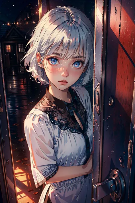Terror scenes, Ultra-realistic 8k CG, masterpiece, ((ultra-detailed background, delicate pattern, intricate details)), best quality, very detailed face, extremely detailed eyes and face, extremely detailed eyes,1girl,short hair, Silver hair, Innocent Eyes, Innocent Eyes, fearful expression, Standing by the wooden house door, night, <lora:sunAndShadow_v10:0.8>