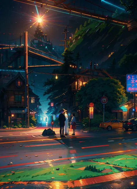 3 people ,standing , night , complex bokeh, lens flare, mystic world, city scape background, (Studio ghibli style, Art by Hayao Miyazaki:1.2), Anime Style, Manga Style, Hand drawn, cinematic, Sharp focus, humorous illustration, big depth of field, Masterpiece, concept art, trending on artstation, Vivid colors, Simplified style, trending on ArtStation, trending on CGSociety, Intricate, Vibrant colors, Soft Shading, Simplistic Features, Sharp Angles, Playful, (Extremely Detailed Oil Painting:1.2), glow effects, godrays, Hand drawn, render, 8k, octane render, cinema 4d, blender, dark, atmospheric 4k ultra detailed, cinematic sensual, Sharp focus, humorous illustration, big depth of field, Masterpiece, colors, 3d octane render, 4k, concept art, trending on artstation, hyperrealistic, Vivid colors, extremely detailed CG unity 8k wallpaper, trending on ArtStation, trending on CGSociety, Intricate, High Detail, dramatic, absurdes