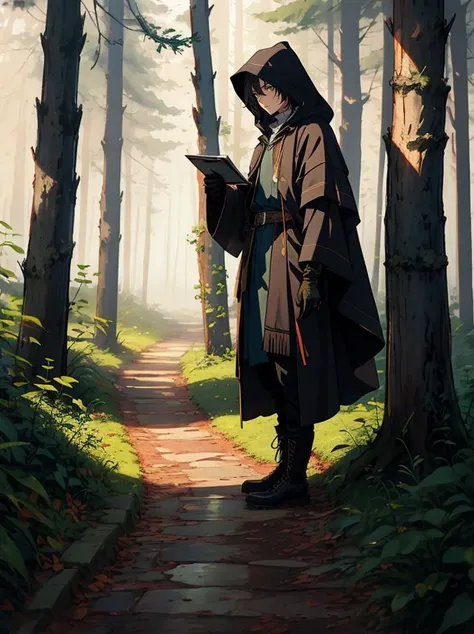 location: ancient_forest, misty_pathway, towering_trees, BREAK, character: mysterious_wanderer, hooded_cloak, glowing_eyes, BREAK, clothing: weathered_boots, tattered_cloak, worn_leather_gloves, BREAK, quality: enigmatic aura, otherworldly presence