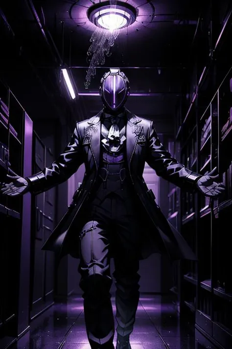 <lora:Concept_add_detail:1> (masterpiece, Good Quality, Best Quality: 1.5) <lora:bestdadv2:0.7> bdsks, mask, long black jacket, white whistle, full body, black gloves, open arms, lab scenery, purple illumination