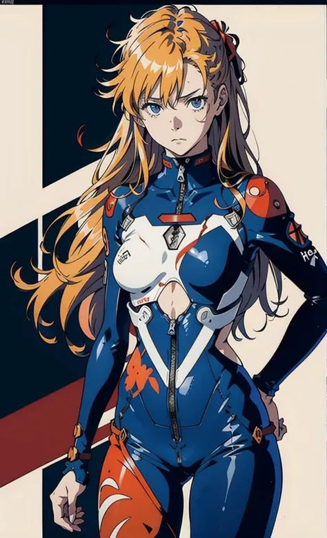 asuka evangelion, long hair, messy hair, realistic, masterpiece, high res tight jumpsuit, both hands behind head, looking down at viewer, viewer looking up from below, full body shot, low camera angle, strawberry-blonde hair, glaring