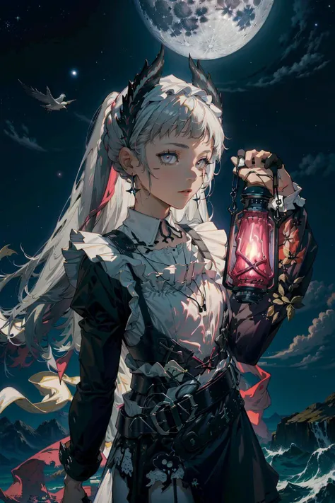 1girl,(Tattered clothes:1.1),long white hair, (white stockings:1.1),grey eyes, <lora:irene-000010:1> , holding lantern, voyage, fantasy,(light:1.3),dark theme,magic,moon,upper body,starry sky,