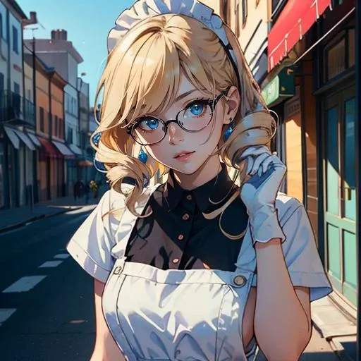 masterpiece, high quality,  photo of a girl wearing maid oufit, upper body, white gloves, wearing make up, white apron, drill hair, blue eyes, naples yellow hair, flustered, petite,sideboob,( claw pose; 1.4), medium breasts, glasses, 
soft, outdoors, vivid, looking at viewer, downtown background, movie poster,  low angle shot,, (masterpiece,best quality:1.5), ultra realistic,32k,RAW photo,(high detailed skin:1.2), 8k uhd, dslr, soft lighting, high quality, film grain