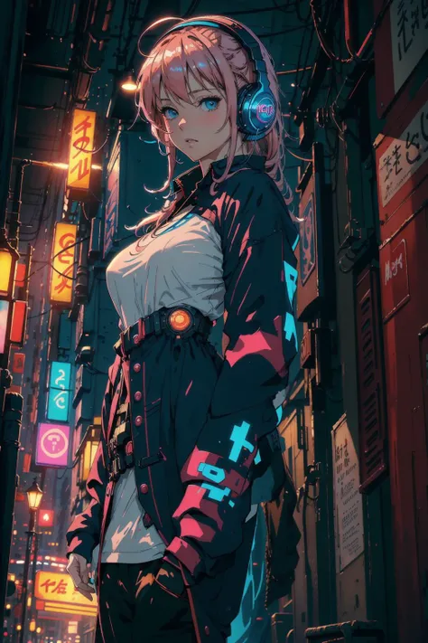 masterpiece, best quality, oil painting , wallpaper 8k CG, realistic, Concept Art, cyberpunk, vary blue and red and orange and pink hard light, intricate light, portrait of a robotic girl with pink hair and headphones in a city at night with neon lights and buildings in the background, in the Sci-fi City at night, white and intricate clothes, dynamic hair, haircut, dynamic fuzziness, beautiful and aesthetic, intricate light, manga and anime,<lora:sunAndShadow_v10:0.4>, <lora:blindbox_V1Mix:0.2>, <lora:epiNoiseoffset_v2:1>