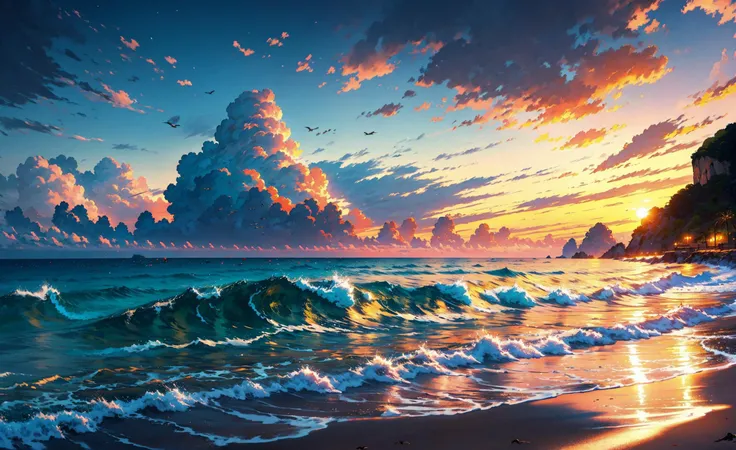 silhouette, sea, beach, sunrise, cyan and yellow theme, night, scenery, outdoors, cloud, sky, horizon, bird, ocean, wind, masterpiece,ultra realistic,32k,extremely detailed CG unity 8k wallpaper, best quality