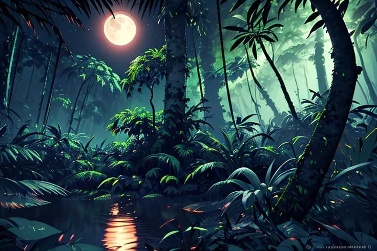 masterpiece, best quality, RTX, ambient occlusion,landscape shot, wild jungle, trees,(( night time)), moon light