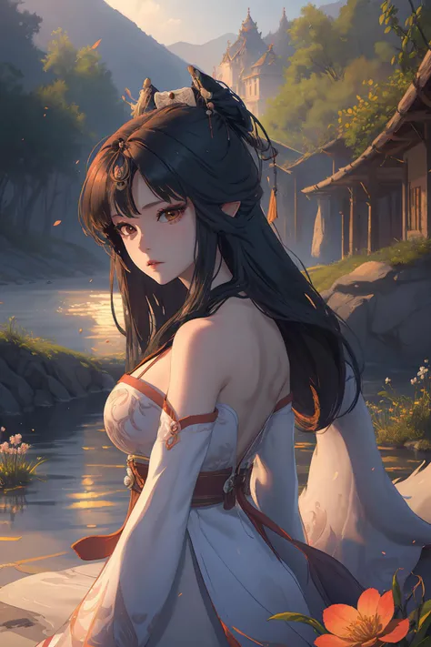 <lora:sanweihu:0.8>,sanweihu,1girl,solo,black hair,simple background,long hair,(extremely detailed CG unity 8k wallpaper),(((masterpiece))), (((best quality))), ((ultra-detailed)), (best illustration),(best shadow), ((an extremely delicate and beautiful)),dynamic angle,floating, fairyland,dynamic angle,sea of flowers,beautiful detailed garden,wind,classic,spring, (detailed light),feather, nature, (sunlight), river, forest,(((floating palace))),((the best building)),beautiful and delicate water,(painting),(sketch),(bloom),(shine),, best quality , masterpiece, illustration, an extremely delicate and beautiful, extremely detailed ,CG,unity,8k wallpaper, Amazing, finely detail, masterpiece, best quality,official art,extremely detailed CG unity 8k wallpaper,absurdres, incredibly absurdres, huge filesize , ultra-detailed, highres, extremely detailed,beautiful detailed girl, extremely detailed eyes and face, beautiful detailed eyes,light on face,