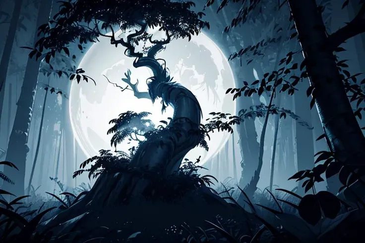 masterpiece, best quality, RTX, ambient occlusion,landscape shot, wild jungle, trees,(( night time)), moon light