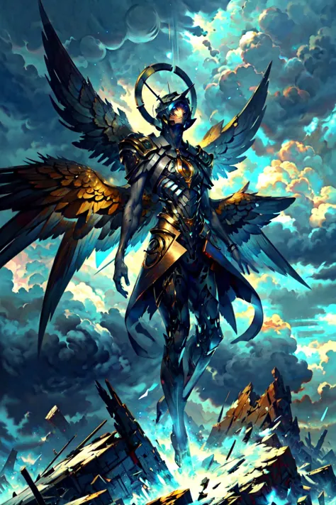 realism, highres, A broken machine with metalic wings stands in a destroyed sky city, storm, storm cloud, (color contrast), sunbeam, <lora:MohrbacherV1:0.7>