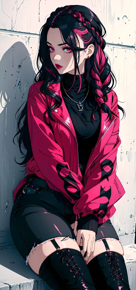 horror style, dark style, gothic style
indie art style, cg art, hand drawn, high contrast, contrast colors
military jacket, turtleneck, jean shorts, thigh boots, lace up boots, floral design
1girl, curvy body, large breasts, pink hair, black hair, streaked hair, hair highlights, two tone hair, eyeliner, eye shadow, lipstick, dark pink lipstick
long hair, braided hair, hair accessory, <lyco:GoodHands-beta2:1.0>
