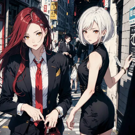 city background, blurry, masterpiece
AND  a beautiful mature female, long hair, red hair, yellow eyes, ( necktie, suit:1.2), masterpiece 
AND a  mature female, short hair, white hair, red eyes ( black dress:1.2), pale skin,   masterpiece,