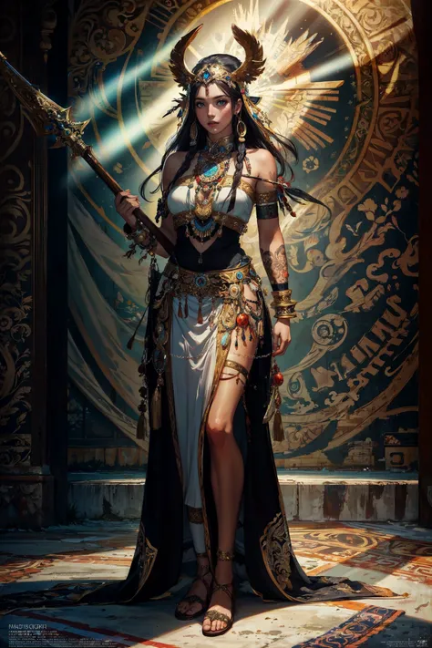 (masterpiece, realistic:1.3), (extremely intricate:1.2), (photorealistic:1.4), (extremely delicate:1.1), (ultra realistic:1.3), (hyperrealistic 3d render:1.1), hyperrealistic photography, extremely detailed CG unity 8k wallpaper, HDR, RAW photo, dslr, (instagram most viewed:1.3), trending on CGSociety, (aztec priestess, full body, aztec headband, aztec priestess outfit:1.2), vixen, large breasts, arching, tan skin, (holding golden aztec staff:1.2), (red hearts:1.3), sun rays, (god rays:1.2), aztec pyramid, full lips, diffuse lighting, fantasy, intricate, elegant, highly detailed, lifelike, photorealistic, digital painting, artstation, illustration, concept art, smooth, sharp focus, legs, (magazine cover-style illustration of a aztec priestess:1.2), modern and trendy style, fashion, fantasy, surrealist art, vibrant