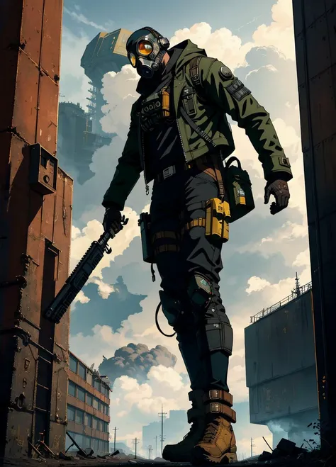 solo, man, postapocalypse, gasmask, rusted coat, cyber legs, revolver in hands, muscular body, 8k, ultra realism, greatest quality, the sky is filled with ominous clouds, as a massive creature towers in the distance
