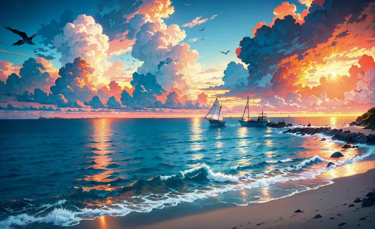 silhouette, sea, beach, sunrise, cyan and yellow theme, night, scenery, outdoors, cloud, sky, horizon, bird, ocean, wind, masterpiece,ultra realistic,32k,extremely detailed CG unity 8k wallpaper, best quality