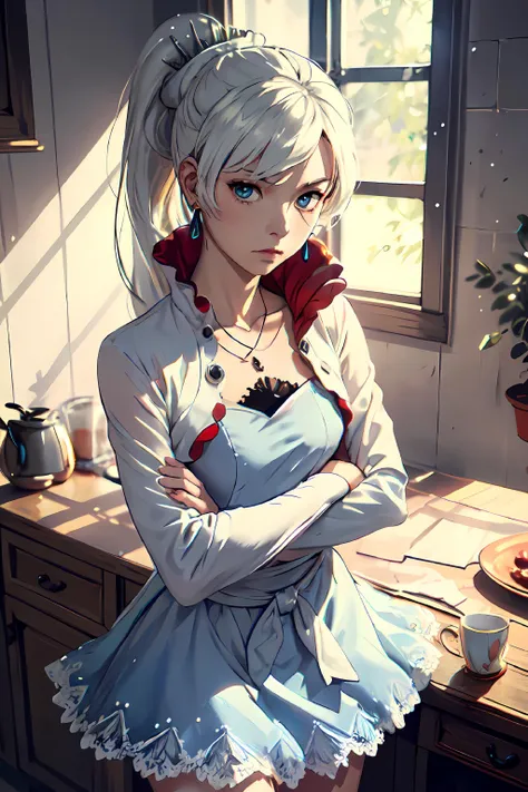 (masterpiece, best quality:1.2), cowboy shot, solo, 1girl, weissvale, expressionless, closed mouth, looking at viewer, crossed arms, ponytail, white dress, jewelry, necklace, earrings <lora:rwby_weissschnee:1>