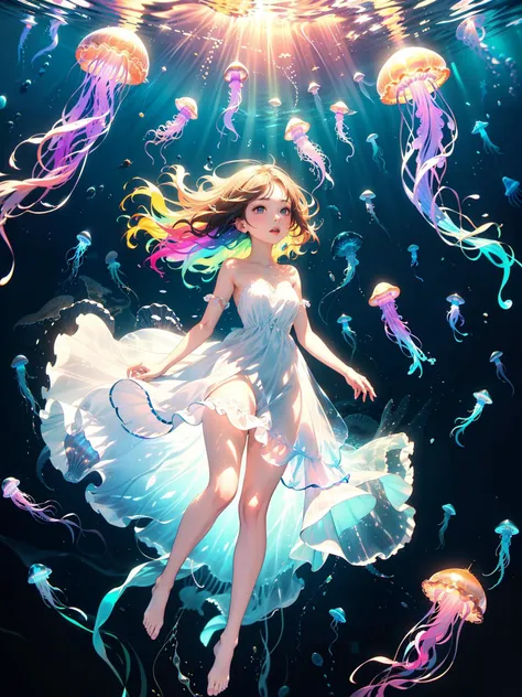 A woman in a dress floating in the water surrounded by jellys - SeaArt AI