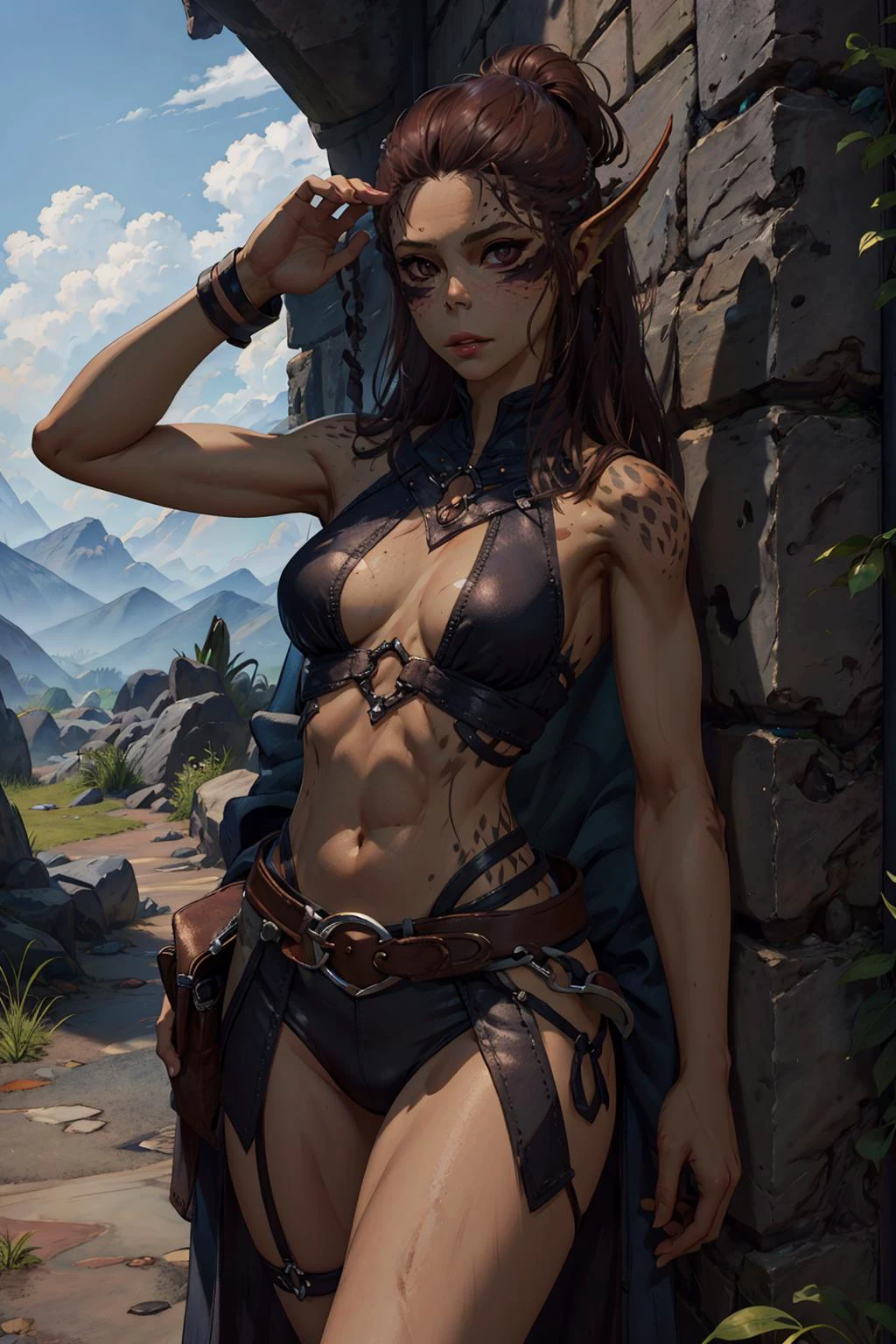 (masterpiece, best quality), 1girl, intricate details, <lora:Lae-zel:0.8>, lae-zel, body markings, bottomless,