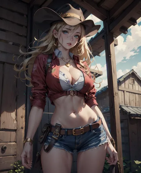 (((top-quality, masterpiece))), (( lot of details), (((depcit very young girl surrounded by ropes))), (((elegant cowgirl))), sexy, blond hair, long hair, straight hair, (((bandage))), (((bound with ropes))), (((arms behind back))), cowboy hat, (wearing leather cowboy clothes), leather revolvers belt, open legs, spread legs, brown eyes, thin , ((small breasts)), ((topless)), nice hips, open shoulders, sassy, (Masterpiece, Excellent, complex details), delicate girl, delicate face, pretty, sunny desert, a western atmosphere,