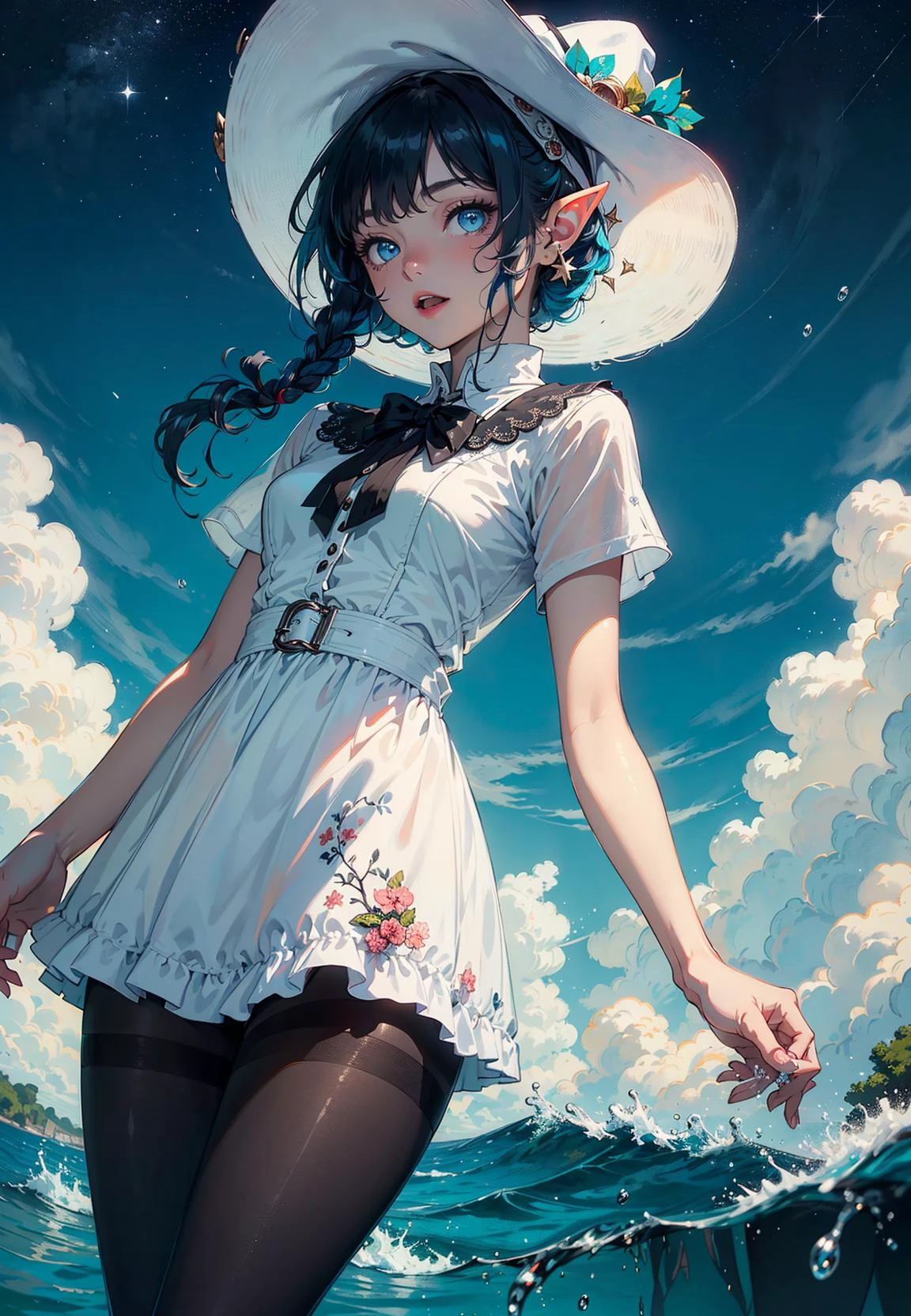 ((masterpiece)),(((bestquality))),((ultra-detailed)),((illustration)),((disheveledhair)),((colorful refraction)), ((beautiful detailed sky)), ((thigh focus)), ((dark intense shadows)), ((cinematic lighting)), ((overexposure)), depth of field,flat color, (beautiful detailed girl),beautiful detailed glow, ,detailed lighting, detailed water,(beautiful detailed eyes), perfect light,lake, crosier, night, starry sky,
1girl,solo, (80d:1.2), (black pantyhose:1.2), standing in the ocean, partially submerged, enchantress, blue hair, blue eyes, elf ears, wizard hat, white dress, :D,
ulzzang-6500-v1.1