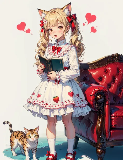 1girl, animal ears, food, dress, cat, holding, long hair, red footwear, cat ears, flower, heart, looking at viewer, ribbon, book, bow, hair ornament, bangs, strawberry, red nails, fruit, envelope, white dress, solo, frills, blonde hair, frilled dress, nail polish, cat girl, twintails, letter, holding book, chocolate, standing, socks, white cat, hair bow, full body, long sleeves, candy, red bow, :o, wavy hair, hair ribbon, blush, cherry, animal ear fluff, animal, armchair, brown eyes, blunt bangs, shoes, chair, couch, open book, white flower, pink background, tail, cat tail, food print