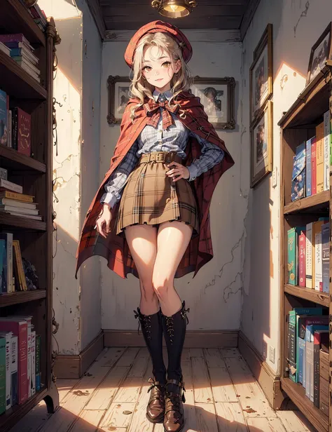 (masterpiece,best quality,highres:1.2), extremely delicate and beautiful,detailed wallpaper,Natural Volumetric Lighting And Best Shadows,fashi-girl,
1girl,yellow wavy hair,glowing red eyes,(Medieval detective:1.2),full body, solo,
((brown:1.2) leather beret),(brown Plaid short cape:1.5),white shirt, Plaid Suspender shorts or Plaid skirt, (Black knee socks),confident smile,
black tobacco pipe ,bow,
(bookshelf:1.2),(sophisticated),mystery,book,(intrigued),(mysterious),(secretive)