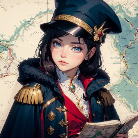 masterpiece, best quality, dramatic lighting, detailed face, detailed eyes, 1girl, cute, long hair, pony tail, Napoleon Bonaparte cosplay, navy blue coat, cloak, regalia, sash, bicorn hat, Cockade, dark hair, serious expression, looking at viewer, looking at maps, map of Europe