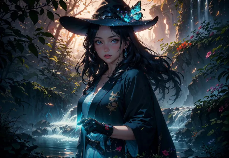 Masterpiece, incredible details, epic realistic, ultra clarity , (intricate details:1.12), (HDR:1.4), octane render, 3d render, cgi,dramatic,  bokeh, 
(dark shot:1.22), soft cinematic light, 
Fast-flowing waterfalls, mountains, rivers, fireflies, flowers, glowing butterflies, crystals,
1girl, long hair, floating hair, belt, glove, hand guard, wizard hat, intricate wizard robe,(natural skin texture, hyperrealism, soft light, sharp:1.2)
 <lora:epiNoiseoffset_v2:0.3> ,