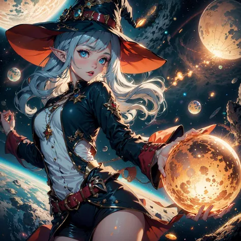 best quality, highres, 1girl, elf, witch hat, floating in space, energy sphere, light particles, shiny hair, shining stars, fantasy,