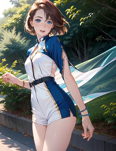 1girl, solo, 
realistic, beautiful __MtBody__ white __girl__, pale skin, wearing (bracelets), (auburn hair), small breasts, excited, blue eyes, short hair. (silk ranger outfit)
__BOaction__, __angle__