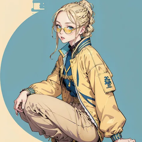 (masterpiece), (quality) (official art) aesthetic girl, solo, portrait, edo, edo period, japan, (blonde braid hair:1.1), (yellow tinted glasses:1.2), detailed eyes, green eyes, (urban blue jacket:1.5), cargo pants, boots, traditional japan,( beige background:1.3) medium shot,