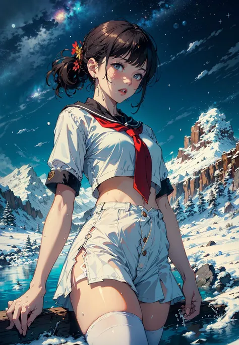 (masterpiece), (best quality), (official art, extremely detailed CG unity 8k wallpaper), (highly detailed), ((absurdres)), 1girl, mid shot, (exquisite facial features),(serafuku:1.3) ((sfw)),((clear hands)), ((white thighhighs without shoes)),flower-shaped pupils, color contact lenses, stars in the eyes, (((masterpiece))), ((the best quality, super fine illustrations, beautiful and delicate water)), ((very delicate light)), ((nature, painting)), ((fine lighting, more transparent stars, high-quality snowflakes, high-quality mountains, very fine 8KCG wallpapers)), (plateau), (((snow mountain))), sunrise, randomly distributed clouds, (snow field), cliff, ((rotating star sky)), ((lake in mountain stream)), luminous particles 
,hiqcgbody,atdan,shinkai makoto,masterpiece, best quality,