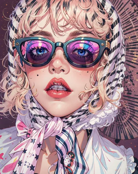 8k,solo,1girl,(Clowns:1.2),solo,black hair,makeup,mole under eye,blush,lipstick,red lips,portrait,realistic,blue eyes,Turban,Sunglasses,looking at viewer,