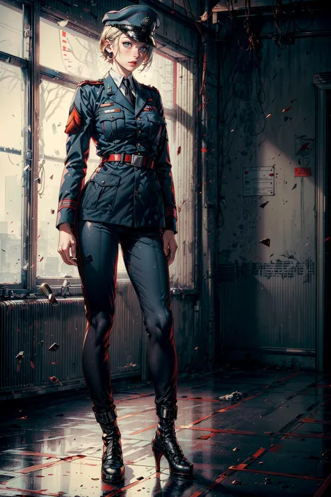 (A World War II German female soldier:1.3), short hair neat, pale skin tone, firm eyes, light lip color, {{{loyal demeanor:1.3}}}, {{{realistic style}}}, {{dark light and shadow}}, {{{healthy figure:1.3}}}, serious expression, {{{realistic picture}}}, simple hair accessory, {{military look}}, {{brave eyes}} strong, {dim light}, {{cold}}, (perfect body),((masterpiece)),(((high quality))), (Full-body professional photography:1.4), well-proportioned body, smooth hairstyle, dignified face, medium stature, healthy and strong, ((high-definition features)), (((very detailed face))), military vibe, exquisite,(depth of field), dynamic lighting, high-definition body, detailed features, 4k, texture, 1 woman, facing the viewer, short hair neat, military cap, battlefield, badge, pistol, military skirt, gray color, military temperament, serious, brave.<lora:add_detail:1>
