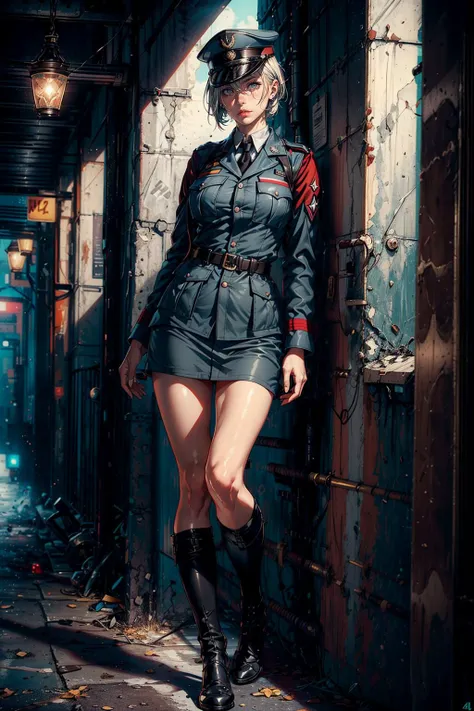 (A World War II German female soldier:1.3), short hair neat, pale skin tone, firm eyes, light lip color, {{{loyal demeanor:1.3}}}, {{{realistic style}}}, {{dark light and shadow}}, {{{healthy figure:1.3}}}, serious expression, {{{realistic picture}}}, simple hair accessory, {{military look}}, {{brave eyes}} strong, {dim light}, {{cold}}, (perfect body),((masterpiece)),(((high quality))), (Full-body professional photography:1.4), well-proportioned body, smooth hairstyle, dignified face, medium stature, healthy and strong, ((high-definition features)), (((very detailed face))), military vibe, exquisite,(depth of field), dynamic lighting, high-definition body, detailed features, 4k, texture, 1 woman, facing the viewer, short hair neat, military cap, battlefield, badge, pistol, military skirt, gray color, military temperament, serious, brave.<lora:add_detail:1>