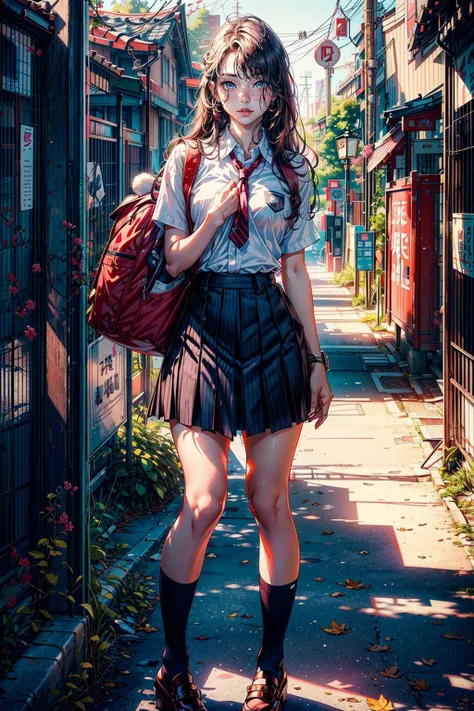 (A mature Japanese high school student:1.3), long hair over shoulders, fair skin tone, charming eyes, pink lip color, {{{mature demeanor:1.3}}}, {{{anime style}}}, {{dreamy light and shadow}}, {{{slim figure:1.3}}}, sweet smile, {{{delicate picture}}}, pretty hair accessory, {{school uniform look}}, {{charming eyes}} fresh, {soft light}, {{cute}}, (perfect body),((masterpiece)),(((high quality))), (Full-body professional photography:1.8), well-proportioned body, smooth hair strands, gentle face, tall stature, healthy and slim, ((high-definition features)), (((very detailed face))), student vibe, exquisite,(depth of field), dynamic lighting, high-definition body, detailed features, 4k, texture, 1 woman, facing the viewer, long hair over shoulders, hair band, school, badge, backpack, school uniform skirt, blue color, student temperament, gentle, comfortable.<lora:add_detail:1>