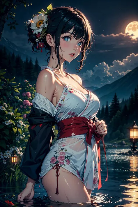 1girl, breasts, moon, lantern, night, solo, large breasts, hair ornament, wet, kimono, japanese clothes, wading, water, hair flower, flower, outdoors, sky, full moon, rain, black hair, off shoulder, mountain, cloud, holding, sash, bare shoulders, paper lantern, standing, white kimono, night sky, sideboob, obi, wet clothes, bangs, tree, from side, reflection, short hair, cloudy sky, wet hair (((masterpiece),(extremely detailed CG unity 8k wallpaper),best quality,,solo,1girl,cinematic lighting,detailed background,beautiful detailed eyes,bright pupils, (an extremely delicate and beautiful),(Beautiful and detailed eye description)， ultra-detailed,masterpiece,)),