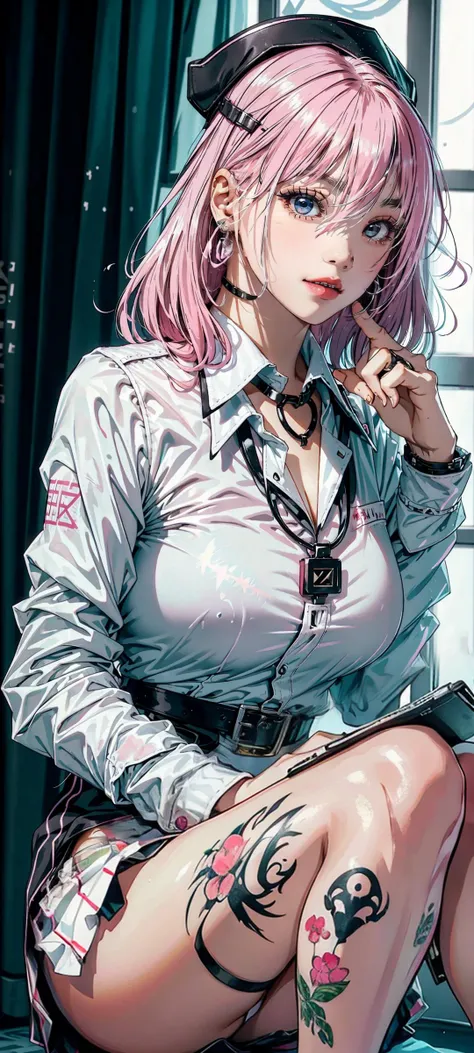 (white skirt), pink tattoos, pink ornaments, pink accessories