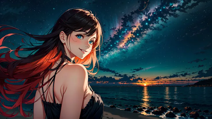 (masterpiece), (best quality:1.2), absurdres, high quality, upper body portrait, adult women, very long hair, looking over shoulder, smiling, epic landscape, masterpiece scenery, colorful, wind, night, beach, star \(sky\),