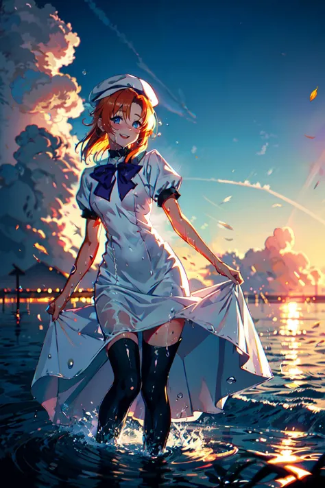 <lora:RyuuguuRena:1> ryuuguu_rena, orange hair, blue eyes, white dress, beret, purple bow tie, long dress, black thighhighs, high black boots, wind, sunlight, standing in water, wet clothes, light smile, happy, cumulonimbus cloud, (((masterpiece))), (detailed), 8k, absurdres,