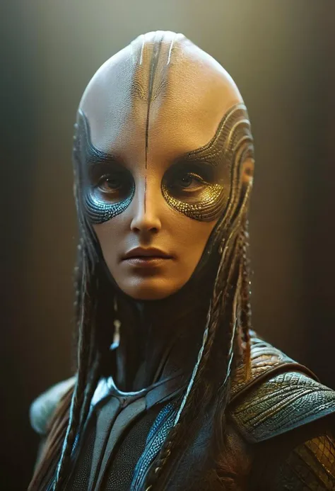 cinematic shot, portrait of a low-tech futuristic alien, andromorphic eyes, wearing tribal armor, science fiction , volumetric lighting, realistic subsurface scattering skin, cinematic low-key portrait photography, endomorphic head elongated shape, tendrils