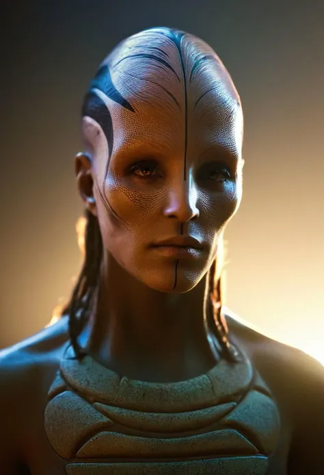 cinematic shot, portrait of a low-tech futuristic alien, andromorphic eyes, wearing tribal armor, science fiction , volumetric lighting, realistic subsurface scattering skin, cinematic low-key portrait photography, endomorphic head elongated shape, tendrils