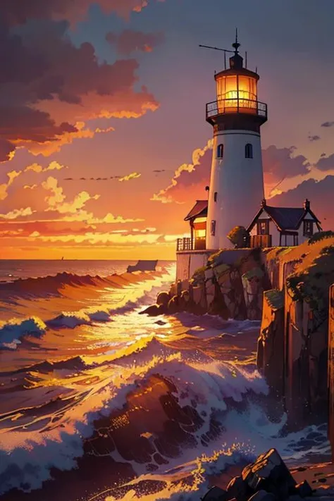 (masterpiece:1.2),best quality,masterpiece,highres,original,perfect light,4k,8k,
dramatic lighting,8k,Fujifilm XT3,masterpiece,best quality,realistic,ultra detailed,,
((<lora:Ghibli-v2:0.7>)),
(sunset:1.2),(twilight),dusk,
ocean,(shore),
(white clouds),(orange_sky),horizon,
breeze,lighthouse,(scenery:1.2),waves,