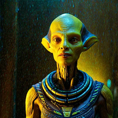cinematic shot, portrait of a high-tech futuristic
creepy alien, realistic subsurface scattering skin, black eyes, yellow teeth, wearing tribal clothes, science fiction at night, volumetric lighting, alienailf, cinematic low-key portrait photography,