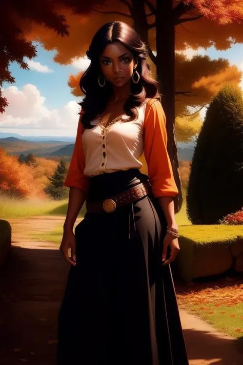 \(waifu: Diana\), anime style, cowboy shot, outdoors, autumn, forest, 1girl, solo, terracotta shirt, long black skirt, terracota lipstick,,diana_naji, dark_skin