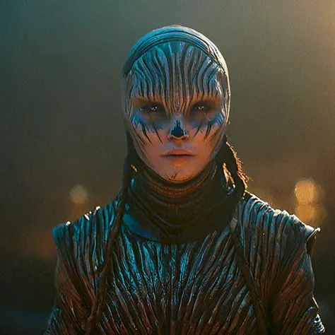 cinematic shot, portrait of a high-tech futuristic alien, black eyes, wearing tribal armor, science fiction at night, volumetric lighting, realistic subsurface scattering skin, alienailf, cinematic low-key portrait photography,