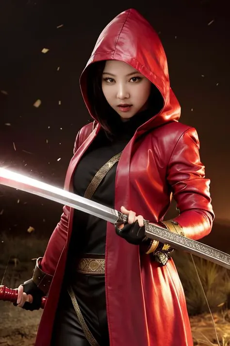 photorealistic, (hyperrealistic:1.2), beautiful, masterpiece, best quality, extremely detailed face, perfect lighting, full body, WarriorStyle, weapon, sword, holding, holding weapon, holding long red shiny sword, rain, skull, solo, glowing, red eyes, 1girl,imnayeon<lora:imnayeon:1>, cloak, glowing eyes, standing, female focus, gloves, hood, boots, hood up, 1other, full body, perfect eyes