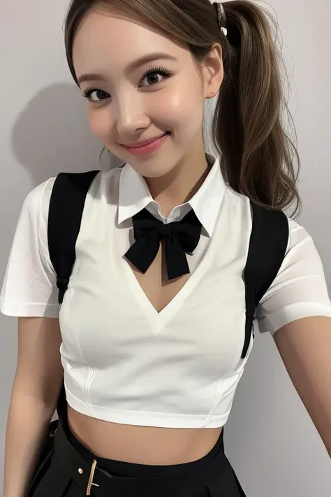 //Photo of, 1girl, solo //Camera style, centered shot, from front, face and waist, look at viewer, //Pose, lean on desk, //Face, imanayeon, <lora:imnayeon:1>, ponytail, //Body, symmetrical body, (small breasts:1.6), flat chest, (perfect anatomy:1.2), //Fashion, (mahalaiuniform:1.2), (white shirt short sleeves), (black short pleated skirt:1.2), belt, //Background, (university:1.6), //Best Quality, High quality, masterpiece, realistic, photorealistic, ultra high res, highly detailed skin,